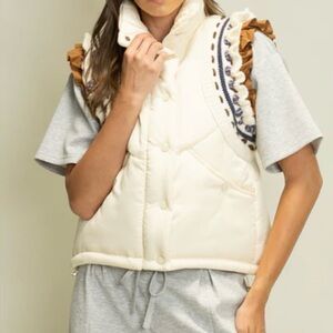 Cream Puffer Vest with Ruffle Details